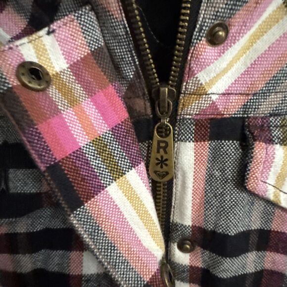 Roxy Women's Large  Faux Fur Hooded  Pink Plaid Jacket/Coat  Pockets - Picture 7 of 12